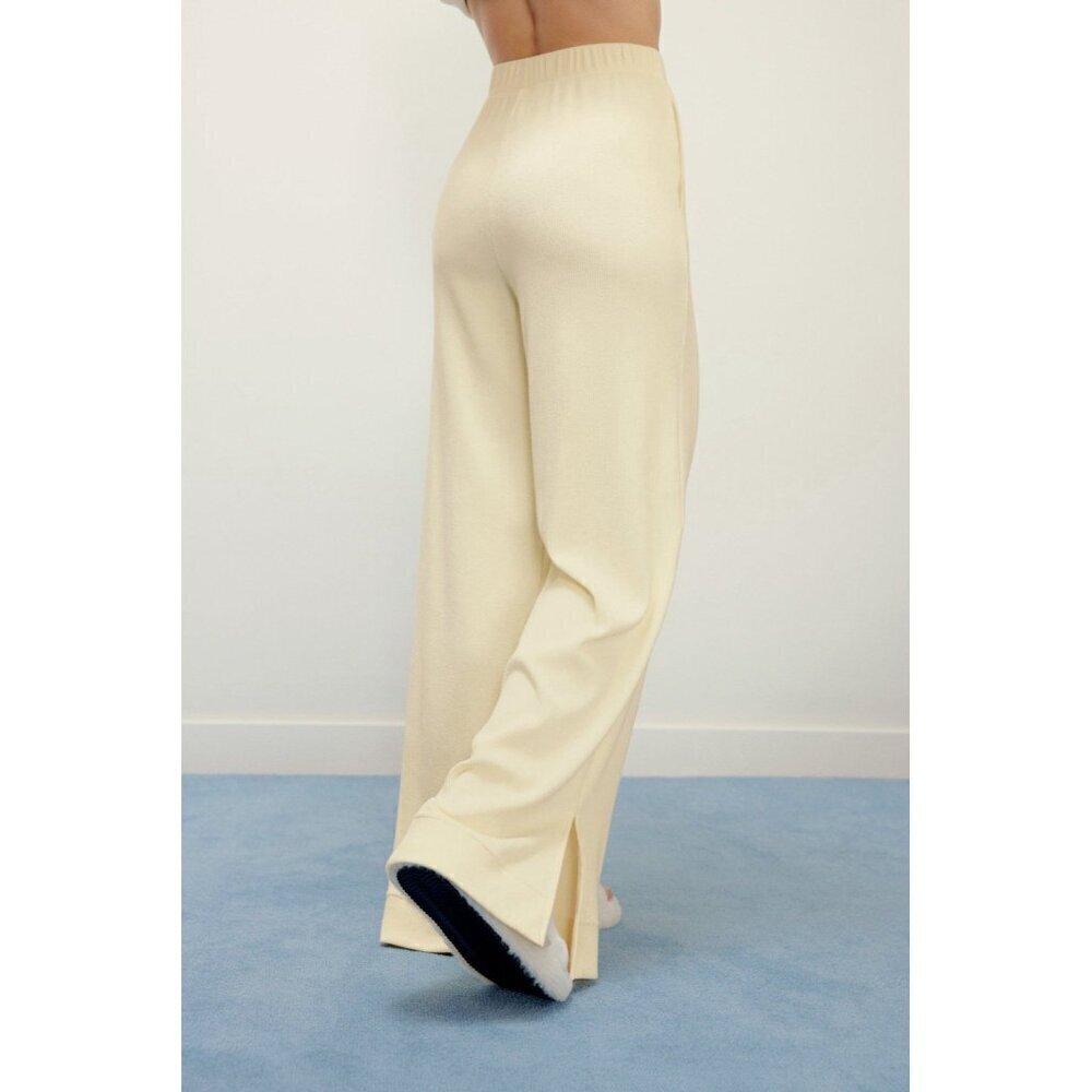 Neiwai Womens Ribbed Wide Leg Pant XL Beige High Rise Flare Pull On Minimalist - Picture 2 of 9